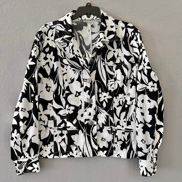 Chico's Jackets & Blazers - Chico’s Floral Lightweight Blazer Jacket Stretch Cotton Size 2 L Black White
